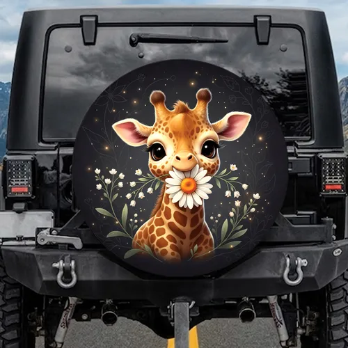 Plump Baby Giraffe Golden Brown Spots Daisy Bell Flowers - Nature Lover Gift for Kids Spare Tire Cover