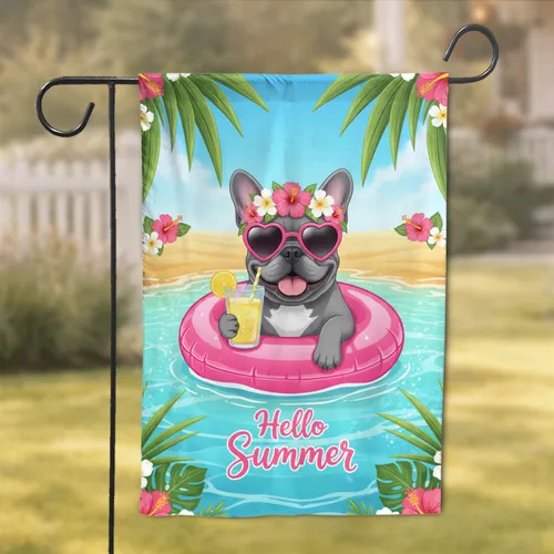 French Bulldog Hello Summer Tropical Beach - Summer Decor Gift for Dog Lovers Garden Flag