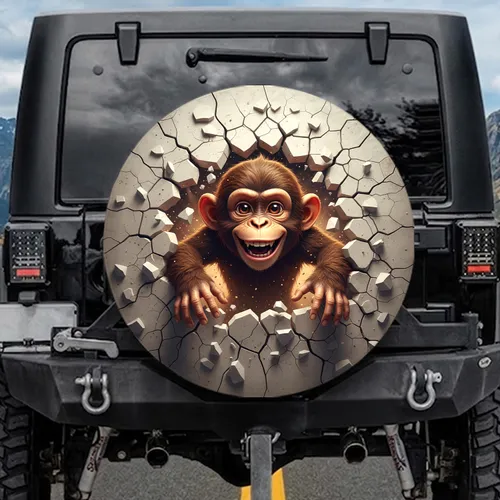 Jovial Mischievous Monkey Breaking Robust Cracked Rock - Wildlife Lover Gift Spare Tire Cover
