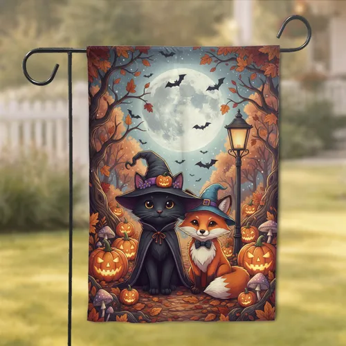 Black Cat Witch Fox Wizard Pumpkins - Halloween Party Home Decor Gift for Pet Lovers Garden Flag