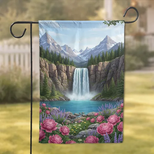Majestic Waterfall Cliffs Mountain Lavender Peony Meadow - Home Decor Gift Garden Flag