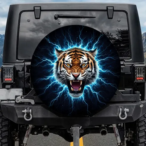 Snarling Tiger Head Electric Blue Shards Fractured Reality - Wildlife Lover Gift Spare Tire Cover