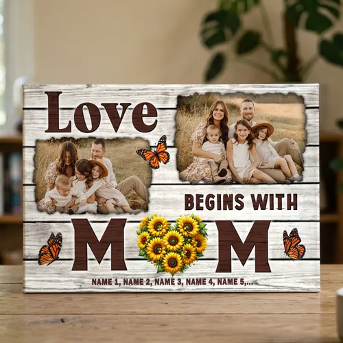 Mother's Day Personalized Gifts - Personalized Canvas Prints - Sunflower Love Begins With Mom