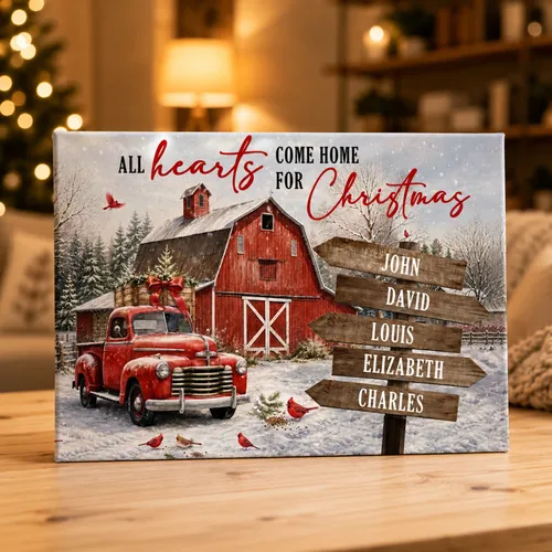 Custom Christmas Gifts For Family Canvas, All Hearts Come Home For Christmas Wall Art, Custom Family Name Wooden Sign Decor
