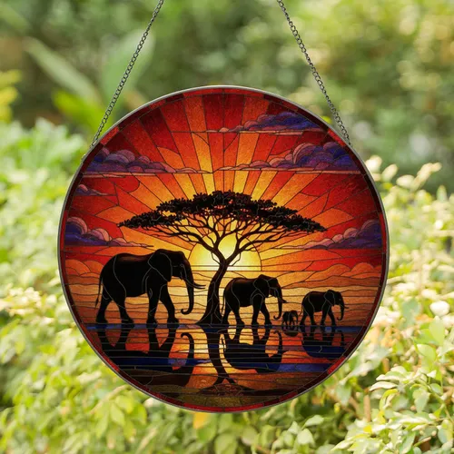 Elephants Family Acacia Sunset Savanna - Wildlife Lover Gift Stained Glass Suncatcher