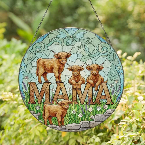 Fluffy Highland Cow Calves MAMA Floral Stone Wall Starry - Mother's Day Gift for Mom Stained Glass Suncatcher