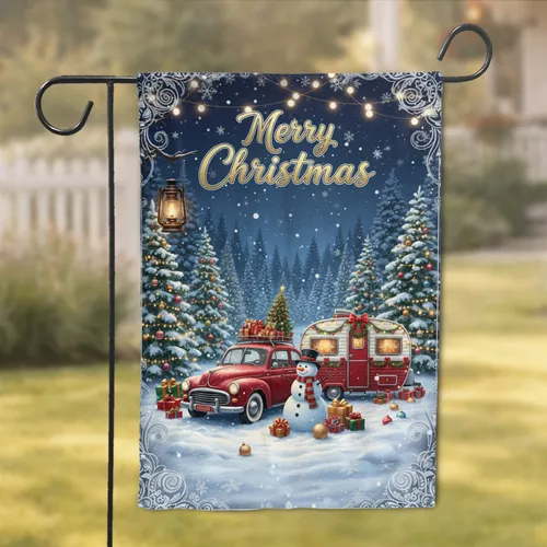 Festive Snowy Vintage Christmas Car Camper Snowman Scene with Gifts - Holiday Decor Gift Garden Flag