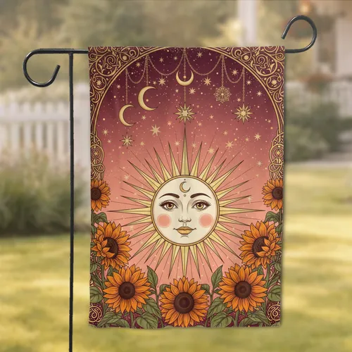 Rosy Face Celestial Sun Golden Rays Lush Sunflowers - Mystical Home Decor Accent Gift Garden Flag
