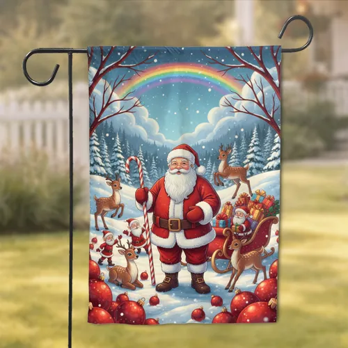 Santa Claus Reindeer Sleigh Snowscape Rainbow - Christmas Holiday Decor Gift Garden Flag