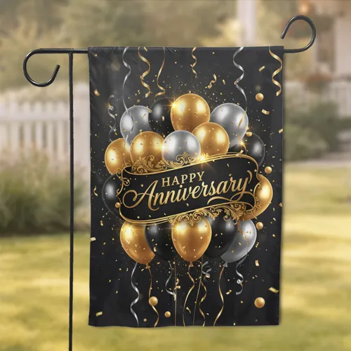 Happy Anniversary Gold Silver Balloons Confetti Streamers Black Banner - Anniversary Gift Garden Flag