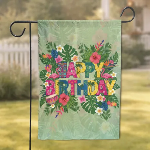HAPPY BIRTHDAY Tropical Letters Flamingo Monstera - Birthday Celebration Garden Flag