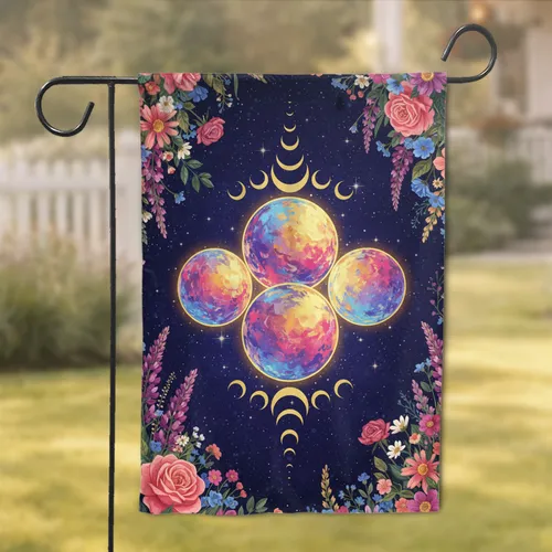 Pink Roses Purple Lupines Wildflower Garden Celestial Moons Stars Home Decor Gift Garden Flag