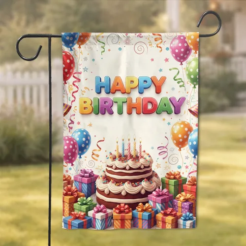 Happy Birthday Cake Gifts Balloons - Birthday Celebration Party Decor Gift Garden Flag