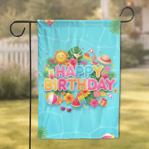 Happy Birthday Balloon Letters Pool Party Tropical Flamingos - Summer Celebration Decor Garden Flag