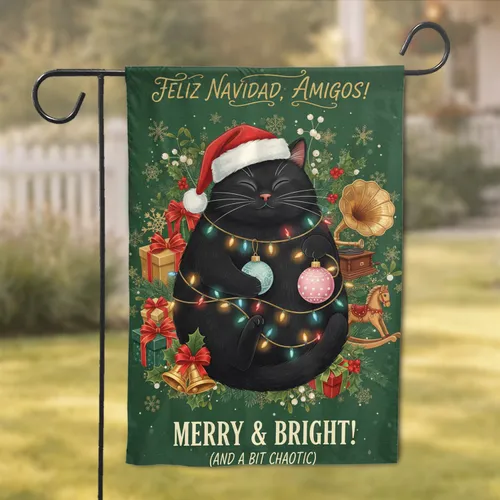 Black Cat Christmas Lights Ornaments Feliz Navidad - Holiday Home Decor for Cat Lover Garden Flag