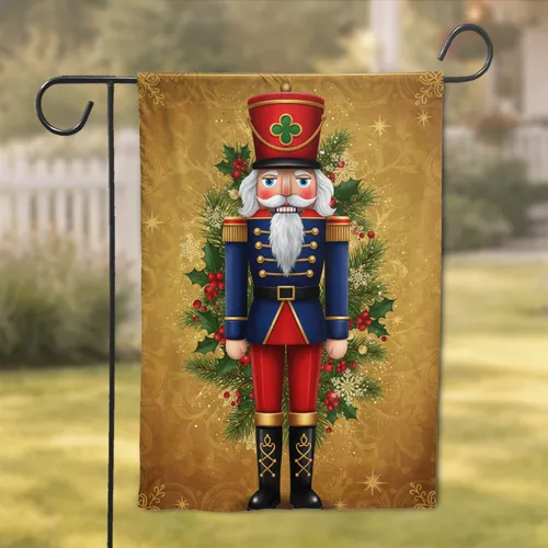 Christmas Nutcracker Soldier Holly Pine Snowflakes - Holiday Home Decor Gift Garden Flag