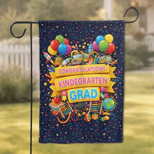 Congratulations Kindergarten Grad Banner School Bus Balloons - Graduation Celebration Garden Flag