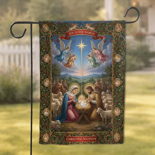 Nativity Scene Mary Joseph Jesus Angels Holly - Christmas Celebration Gift Garden Flag