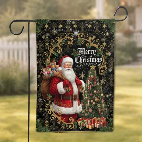 Santa Claus Merry Christmas Old English Text Tree Holly Scrollwork - Holiday Gift Garden Flag