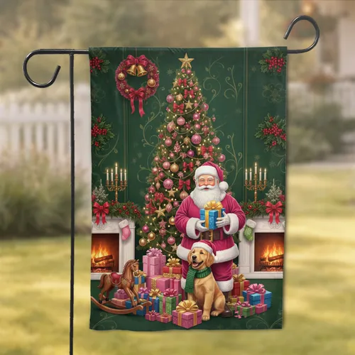 Santa Claus Golden Puppy Christmas Tree - Festive Holiday Home Decor Gift Garden Flag
