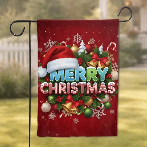 Merry Christmas Santa Hat Snowflakes Holly - Holiday Home Decor Garden Flag