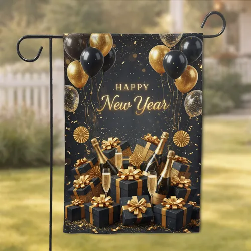 Happy New Year Gift Boxes Champagne Balloons - New Year Party Decor Garden Flag