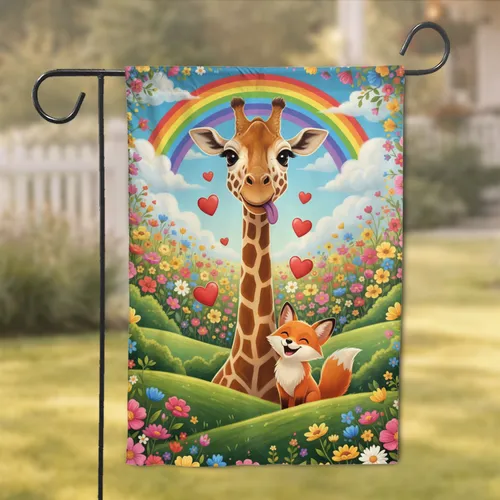 Giraffe Fox Hearts Wildflower Meadow Hills Rainbow - Animal Lover Home Decor Gift Garden Flag