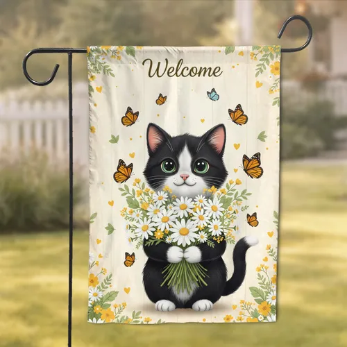 Black Tuxedo Cat Welcome Daisy Butterfly - Inviting Home Decor Gift for Cat Lovers Garden Flag