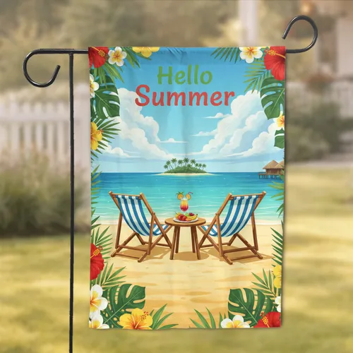Hello Summer Text Tropical Beach Chairs Island - Summer Getaway Decor Garden Flag