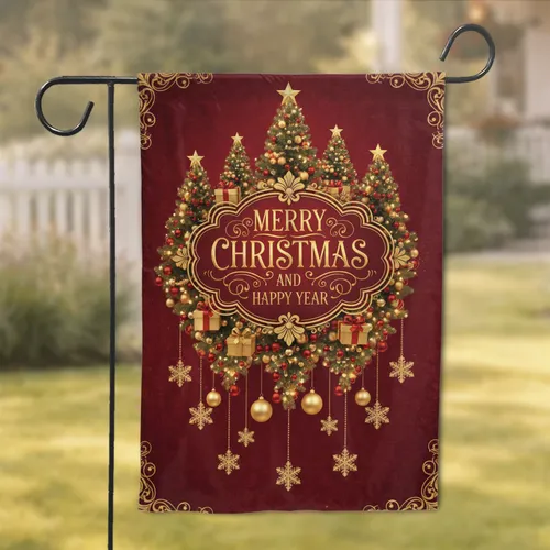 Merry Christmas Happy Year Gold Text Christmas Trees - Ornate Holiday Decor Gift Garden Flag