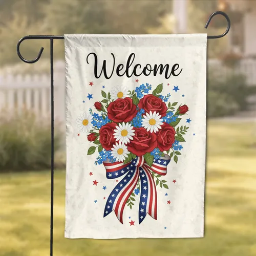 Welcome Roses Daisies Patriotic Ribbon - Independence Day Gift for Veterans Garden Flag