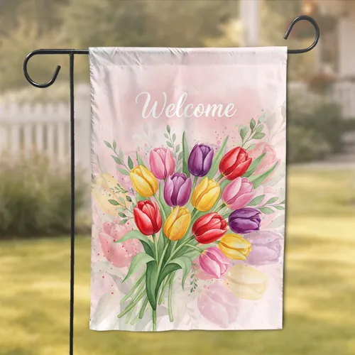 Welcome Text Red Yellow Pink Purple Tulip Floral Bouquet - Home Decor Gift Garden Flag