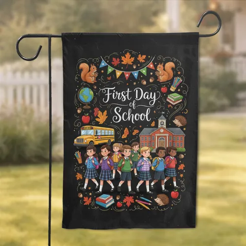 First Day of School Children Bus Autumn Leaves - Back to School Celebration Garden Flag