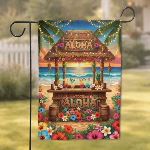 Aloha Tiki Bar Tropical Flowers Beach Sunset - Hawaiian Decor Gift Garden Flag