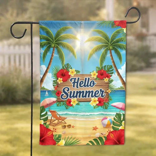 Hello Summer Sign Tropical Beach Palm Trees Hibiscus - Summer Season Gift Garden Flag