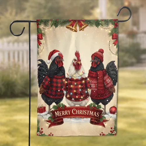 Festive Chickens Christmas Sweaters Santa Hats - Holiday Home Decor Gift Garden Flag