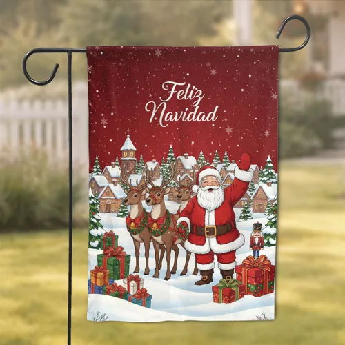 Feliz Navidad Santa Reindeer Christmas Village Clock Tower Gifts - Christmas Gift Garden Flag