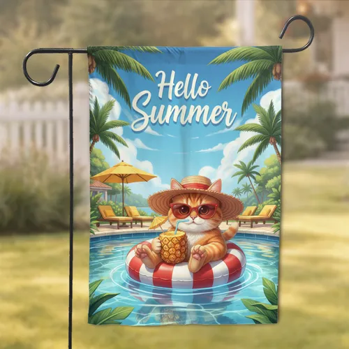Orange Tabby Cat Pool Float Pineapple Tropical 'Hello Summer' - Summer Decor Gift for Cat Lovers Garden Flag