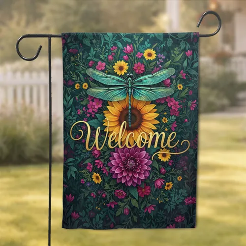 Welcome Dragonfly Sunflower Dahlia - Home Decor Gift for Garden Lover Garden Flag
