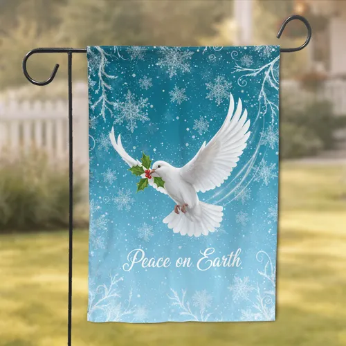 White Dove Holly Berries Snowflakes Peace - Christmas Winter Holiday Gift Garden Flag