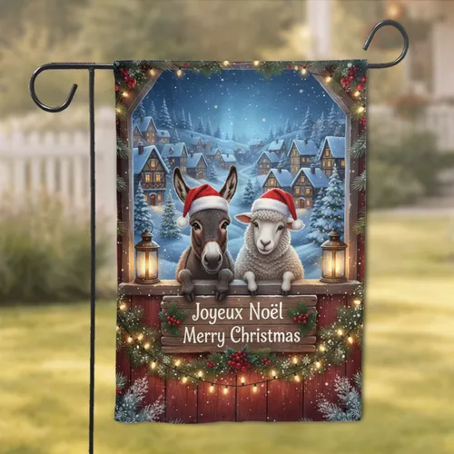 Cheerful Donkeys Sheep Santa Hats Barn Window - Joyeux Noël Merry Christmas Holiday Gift Garden Flag