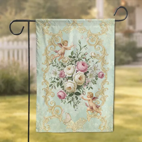 Voluminous Garden Roses Lilies Cherubs Butterflies Rococo Filigree - Home Decor Gift Garden Flag