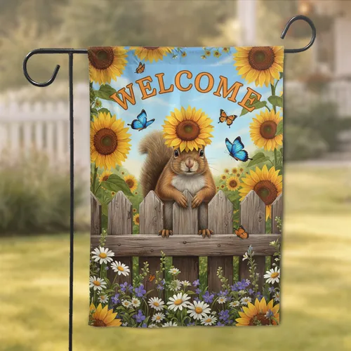Squirrel Sunflower Crown Welcome Fence - Garden Home Decor Gift for Wildlife Lover Garden Flag