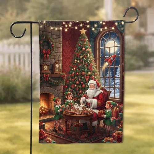 Santa Claus Elves Christmas Workshop Tree Fireplace Snowy Window Presents - Holiday Decor Garden Flag