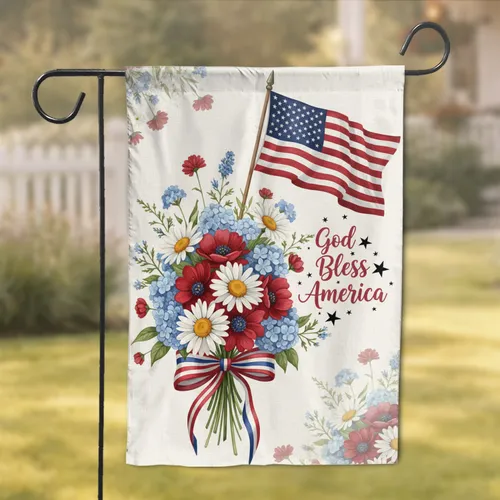 American Flag Floral Bouquet God Bless America - Independence Day Gift for Veterans Garden Flag