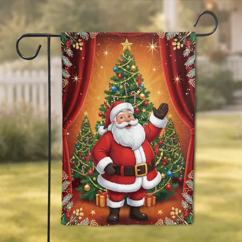 Santa Claus Christmas Tree Golden Stars Red Curtains - Christmas Holiday Gift Garden Flag