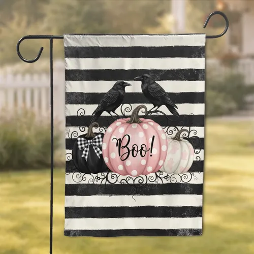Three Halloween Pumpkins with Crows Boo Polka Dots - Halloween Party Decor Garden Flag