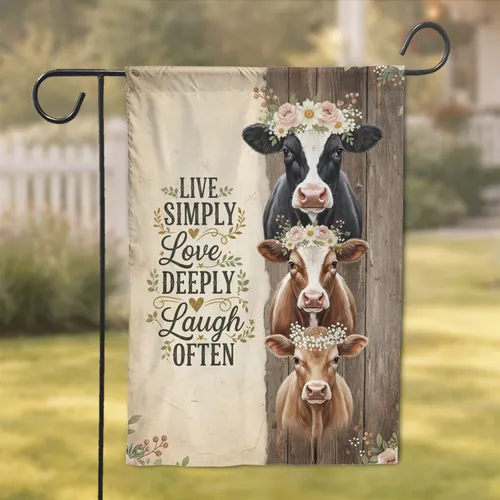 Stacked Cows Floral Wreaths Rustic Text - Farmhouse Home Decor Gift for Cow Lover Garden Flag