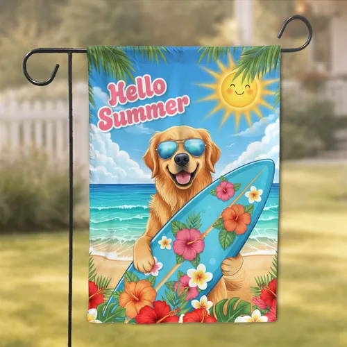 Tropical Beach Golden Retriever Surfboard - Hello Summer Outdoor Decor for Dog Lovers Garden Flag