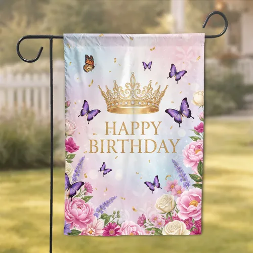 Golden Crown Happy Birthday Monarch Butterflies Wildflower - Birthday Celebration Gift Garden Flag